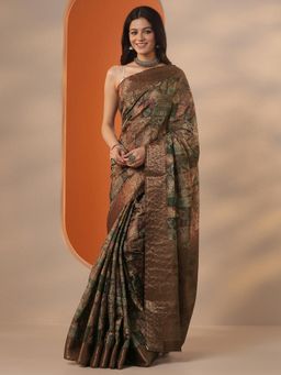 Libas - Floral Printed Silk blend Saree with Unstitched Blouse for Women - Brown