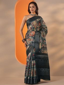 Libas - Floral Printed Silk blend Saree with Unstitched Blouse for Women - Navy Blue