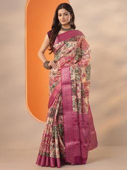 Libas - Floral Printed Silk blend Saree with Unstitched Blouse for Women