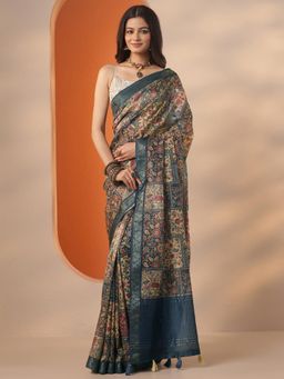 Libas - Floral Printed Chinon Saree with Unstitched Blouse for Women - Blue