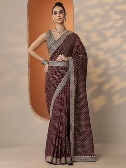 Libas - Printed Silk Blend Saree with Unstitched Blouse for Women - Burgundy