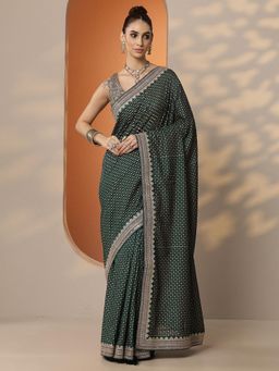 Libas - Printed Silk Blend Saree with Unstitched Blouse for Women - Green