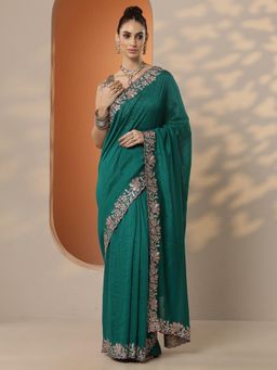 Libas - Embroidered Silk Blend Saree with Unstitched Blouse for Women - Green