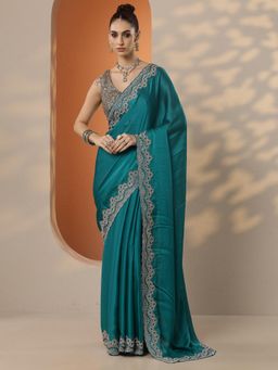 Libas - Embroidered Pure Chiffon Saree with Unstitched Blouse for Women - Green