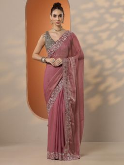 Libas - Embroidered Organza Saree with Unstitched Blouse for Women - Pink