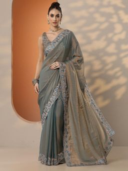 Libas - Embroidered Organza Saree with Unstitched Blouse for Women - Green