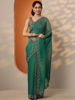 Libas - Striped Pure Chiffon Saree with Unstitched Blouse for Women - Green