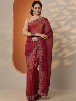Libas - Striped Pure Chiffon Saree with Unstitched Blouse for Women - Red