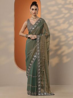 Libas - Embroidered Organza Saree with Unstitched Blouse for Women - Green