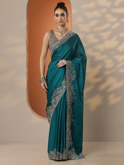 Libas - Embroidered Pure Chiffon Saree with Unstitched Blouse for Women - Green