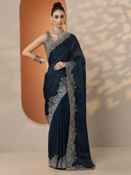 Libas - Embroidered Pure Chiffon Saree with Unstitched Blouse for Women - Navy Blue
