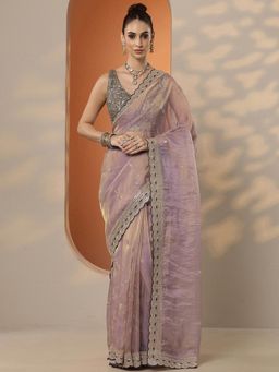 Libas - Embroidered Organza Saree with Unstitched Blouse for Women - Lavender