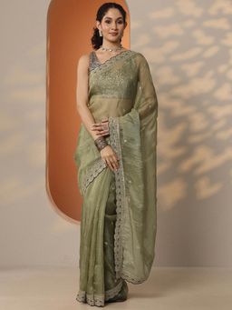 Libas - Embroidered Organza Saree with Unstitched Blouse for Women - Green