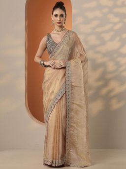 Libas - Embroidered Organza Saree with Unstitched Blouse for Women - Beige