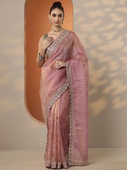 Libas - Embroidered Organza Saree with Unstitched Blouse for Women - Pink