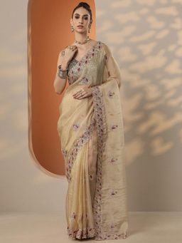 Libas - Embroidered Organza Saree with Unstitched Blouse for Women - Beige