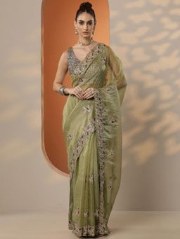 Libas - Embroidered Organza Saree with Unstitched Blouse for Women - Green