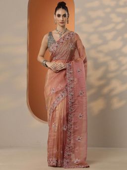 Libas - Embroidered Organza Saree with Unstitched Blouse for Women - Coral