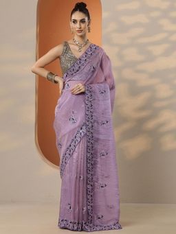 Libas - Embroidered Organza Saree with Unstitched Blouse for Women - Lavender