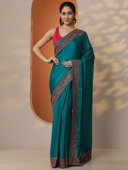 Libas - Embroidered Pure Chiffon Saree with Unstitched Blouse for Women - Green