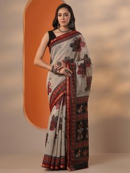 Libas - Floral Printed Silk blend Saree with Unstitched Blouse for Women - Red
