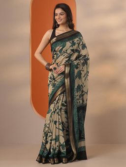 Libas - Printed Silk blend Saree with Unstitched Blouse for Women - Green