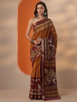 Libas - Striped Silk blend Saree with Unstitched Blouse for Women - Orange