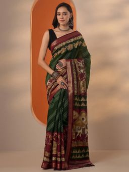Libas - Striped Silk blend Saree with Unstitched Blouse for Women - Green