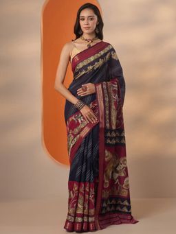 Libas - Striped Silk blend Saree with Unstitched Blouse for Women - Navy Blue
