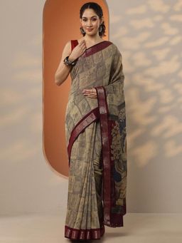 Libas - Printed Silk Blend Saree with Unstitched Blouse for Women - Wine