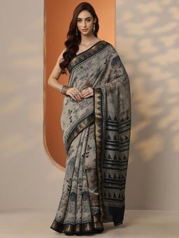 Libas - Printed Silk Blend Saree with Unstitched Blouse for Women - Navy Blue