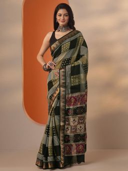 Libas - Printed Silk blend Saree with Unstitched Blouse for Women - Green