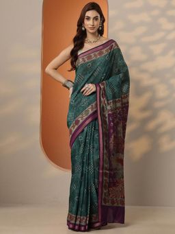 Libas - Printed Silk Blend Saree with Unstitched Blouse for Women - Green