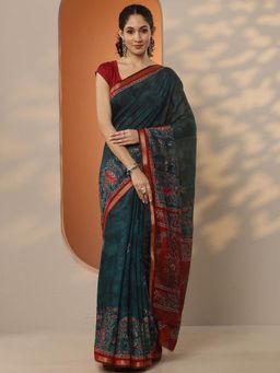 Libas - Floral Printed Silk Blend Saree with Unstitched Blouse for Women - Teal