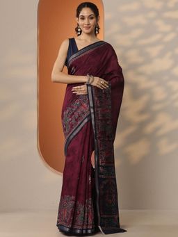 Libas - Floral Printed Silk Blend Saree with Unstitched Blouse for Women - Burgundy