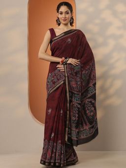 Libas - Floral Printed Silk Blend Saree with Unstitched Blouse for Women - Maroon