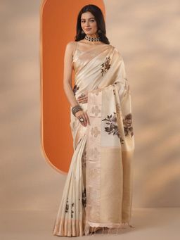Libas - Floral Printed Silk blend Saree with Unstitched Blouse for Women - Cream