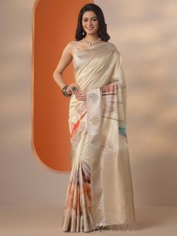 Libas - Floral Printed Silk blend Saree with Unstitched Blouse for Women