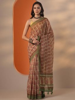 Libas - Printed Silk blend Saree with Unstitched Blouse for Women - Green