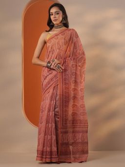 Libas - Printed Silk blend Saree with Unstitched Blouse for Women - Coral