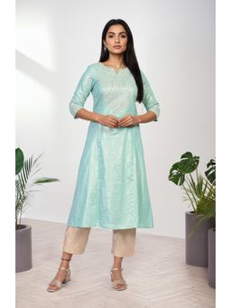 Aurelia - Women's Sea Green Embroidered A-Line Cotton Kurta
