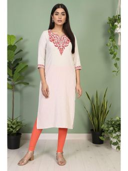 Aurelia - Women's Off-White Embroidered Straight Cotton Kurta