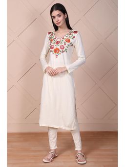 Aurelia - Women's Off-White Embroidered Straight Acrylic Kurta