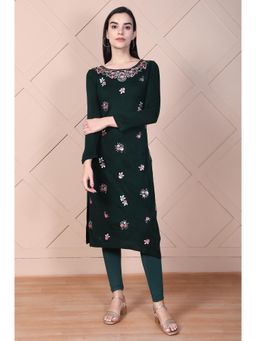 Aurelia - Women's Green Floral Embroidered Straight Acrylic Kurta