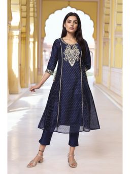 Aurelia - Women's Navy Blue Embroidered A-Line Kurta