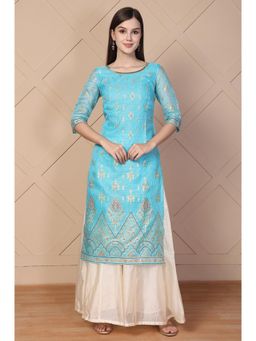 Aurelia - Women's Blue Ethnic Motifs Printed Embroidered Straight Kurta