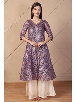 Aurelia - Women's Purple Embroidered A-Line Brocade Kurta