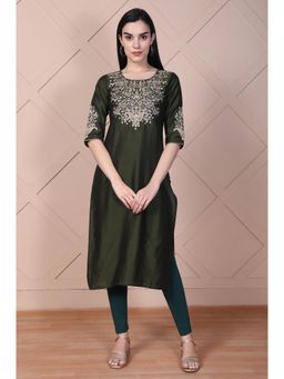 Aurelia - Women's Olive Green Embroidered Straight Rayon Kurta
