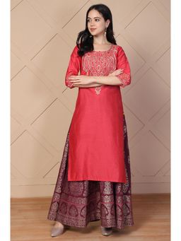 Aurelia - Women's Red Embroidered Straight Silk Kurta