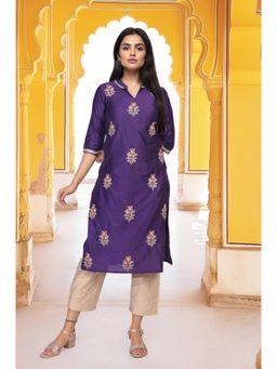 Aurelia - Women's Purple Embroidered Floral Straight Rayon Kurta